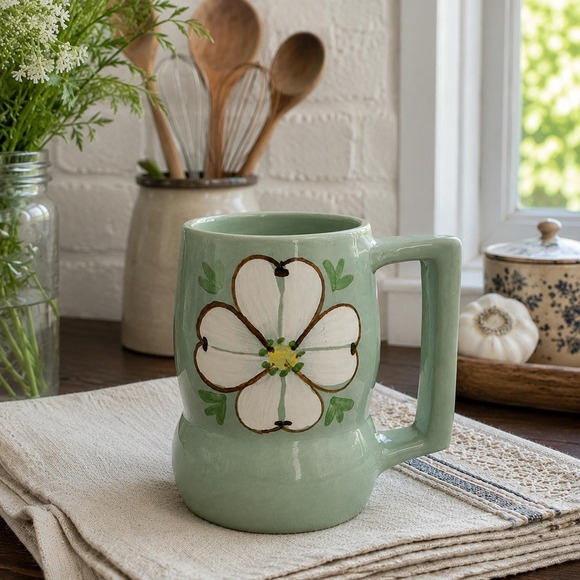 American Vintage Other - Sage Green Studio Pottery Mug Hand Painted Dogwood Flower Square Handle Tankard